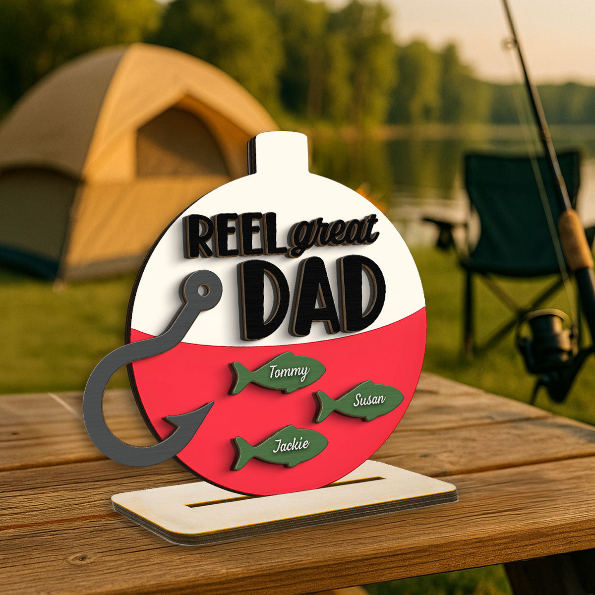 Reel Great Dad Grandpa Personalizd 2-Layer Standing Wooden Plaque, gift for Fishing Dad Grandpa