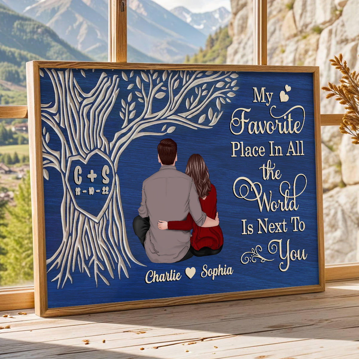 Favorite Place Next To You Couple Sitting Under Heart Carved Tree - Personalized Poster - Anniversary Gift, Valentine's Gift For Him, For Her