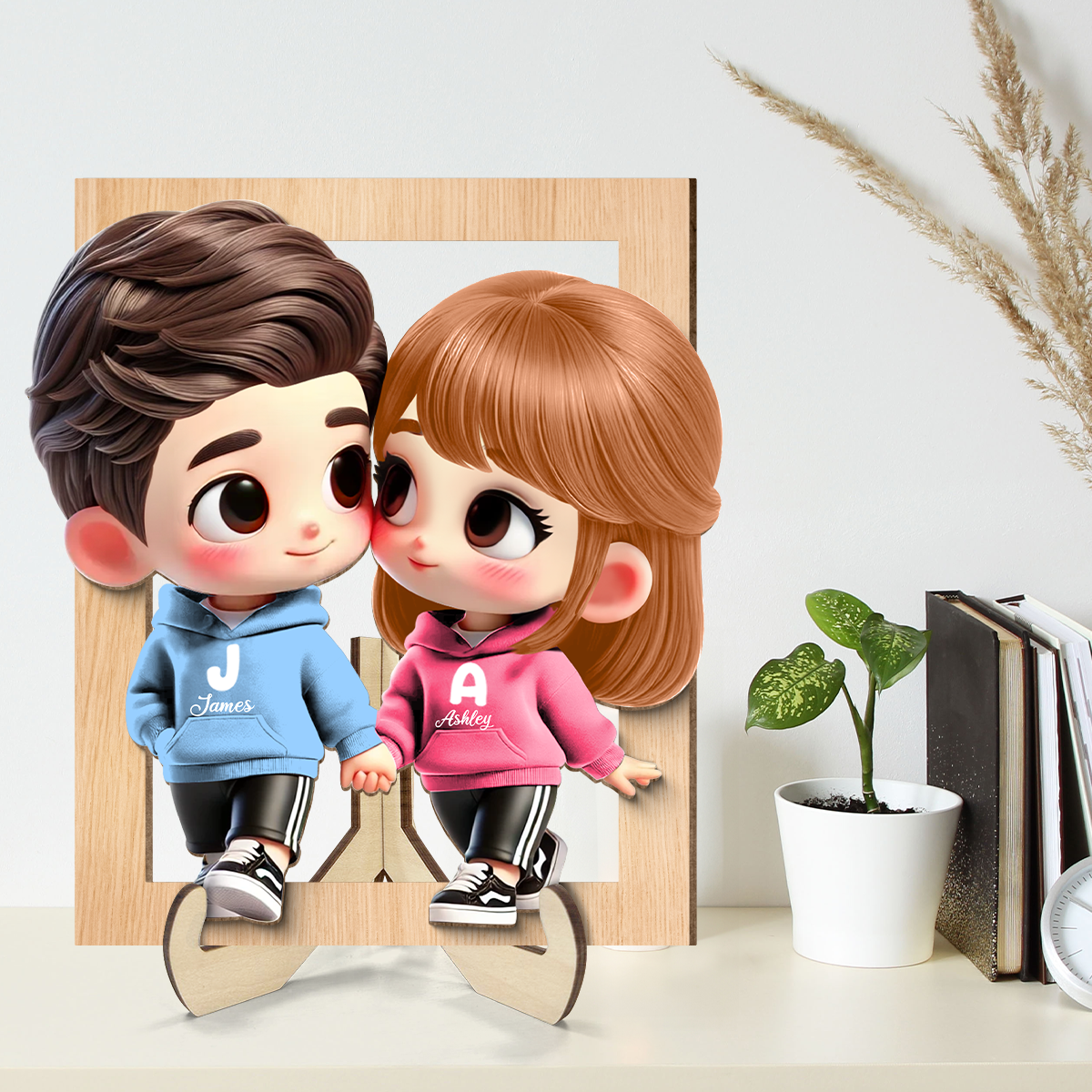 3D Effect Cute Cartoon Couple Holding Hands Personalized 2-Layered Wooden Plaque, Anniversary & Gift for him, Gift for her
