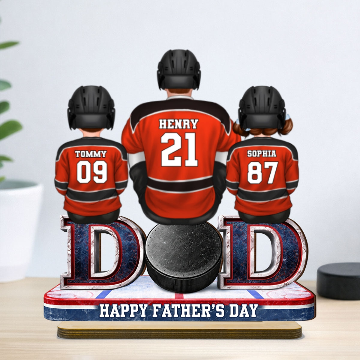 Hockey Dad And Kids Sitting Together - Personalized 2-Layered Wooden Plaque - Gift, Gift For Hockey Dad, Gift For Husband