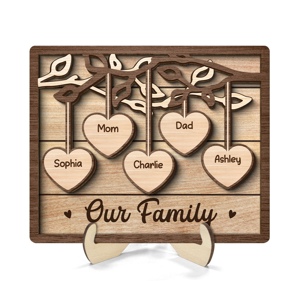 Family Tree Sign Grandkids Names Hanging Hearts Home Decor Personalized 2-Layer Wooden Plaque