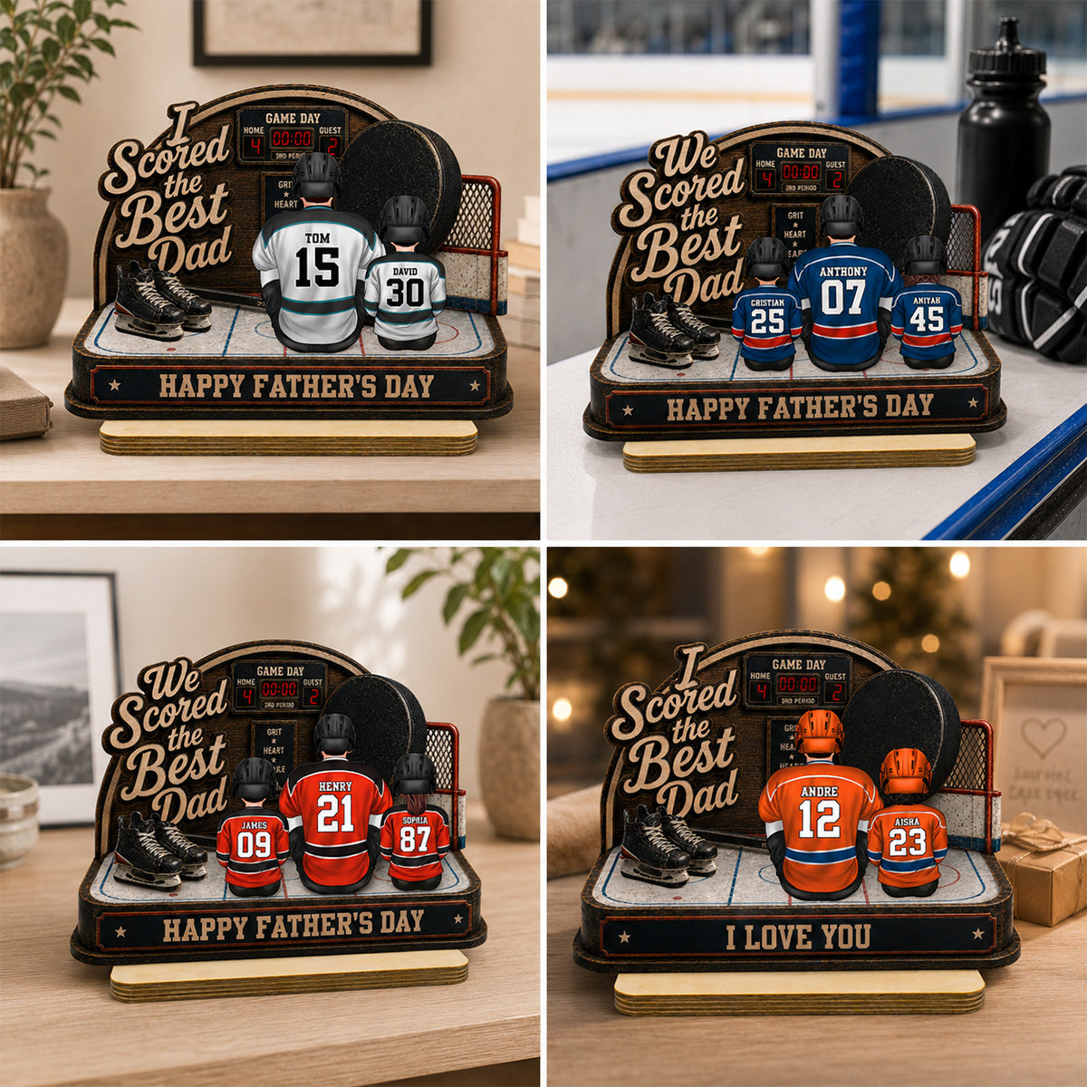 Hockey Dad & Kids Sitting On Court 2D Flat - Personalized 2-Layered Wooden Plaque - Gift For Hockey Dad