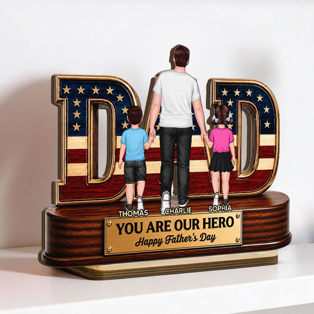 Nation Flag Dad And Kids You Are Our Hero - Personalized 2-Layered Wooden Plaque - Gift For Dad, Husband