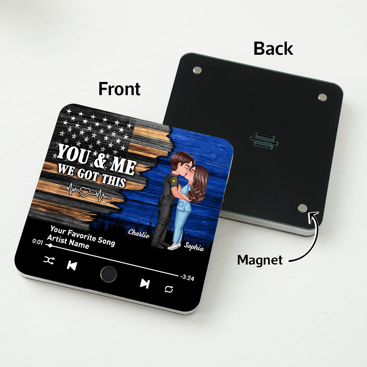 Hero Couple Kissing Half Flag Gift by Occupation Personalized Music Fridge Magnet, Gift For Him, For Her