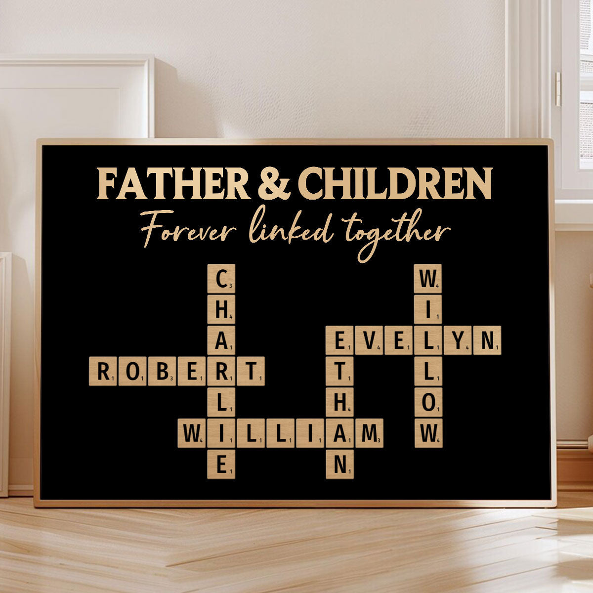 Father & Daughters Sons Forever Linked Together Crossword Puzzle Art Rustic Personalized Poster, Heartfelt Gift For Dad
