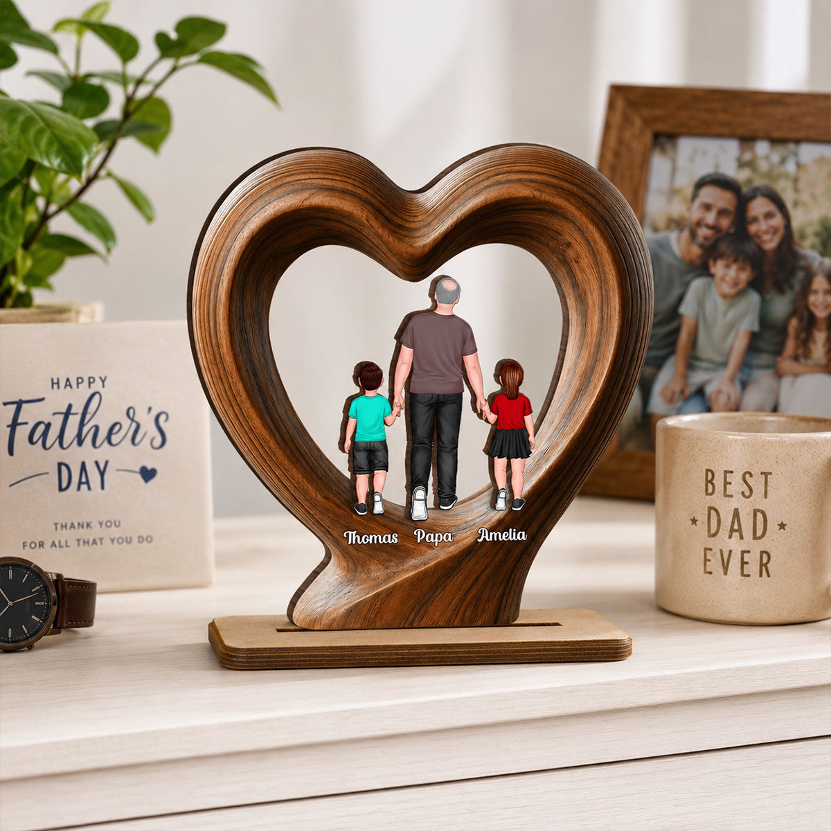Dad Grandpa Walking With Children - Personalized 2-Layered Wooden Plaque - Gift for Husband