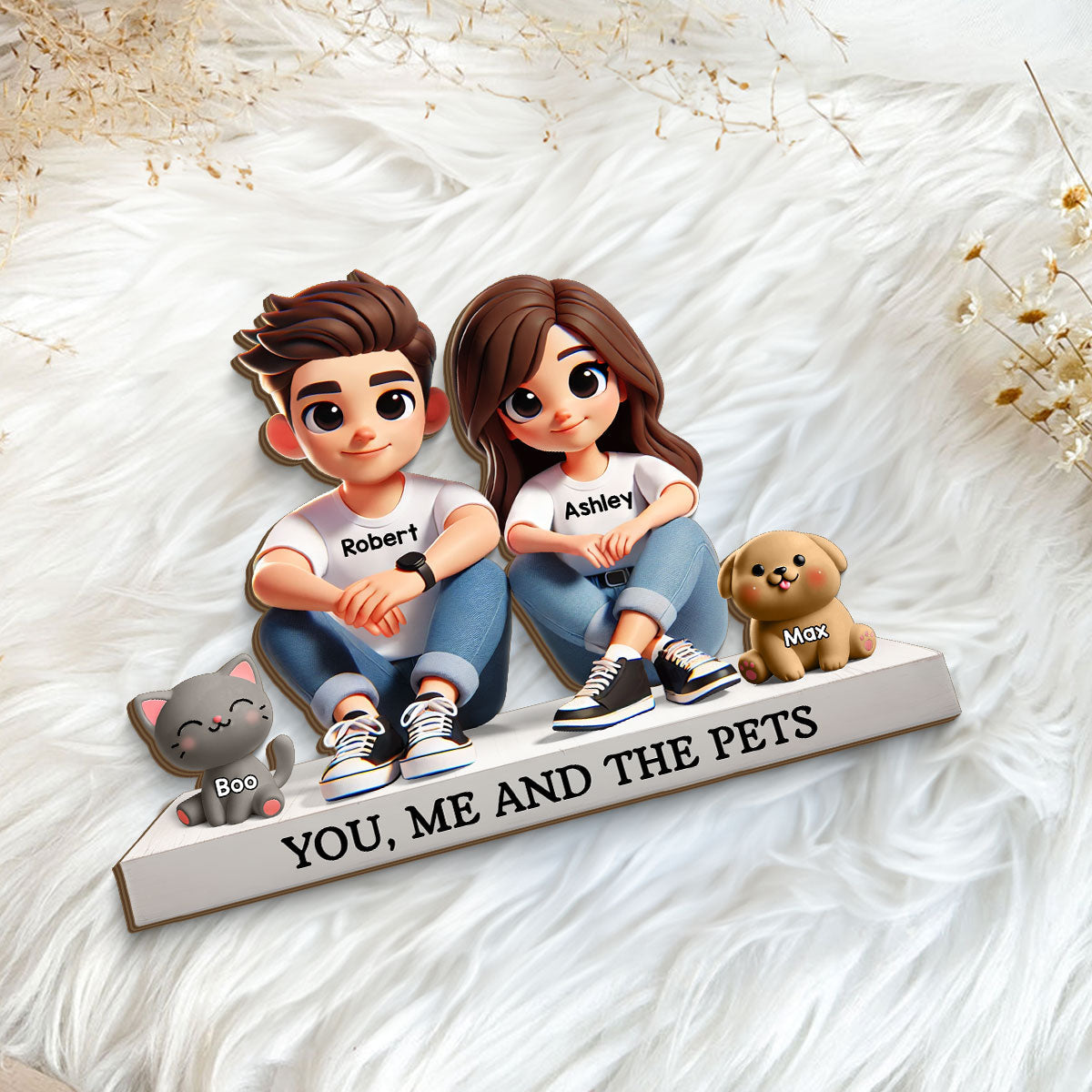 3D Effect Cute Couple And Dogs Cats Personalized Standing Wooden Plaque, Anniversary Gift, gift, Couple Keepsake