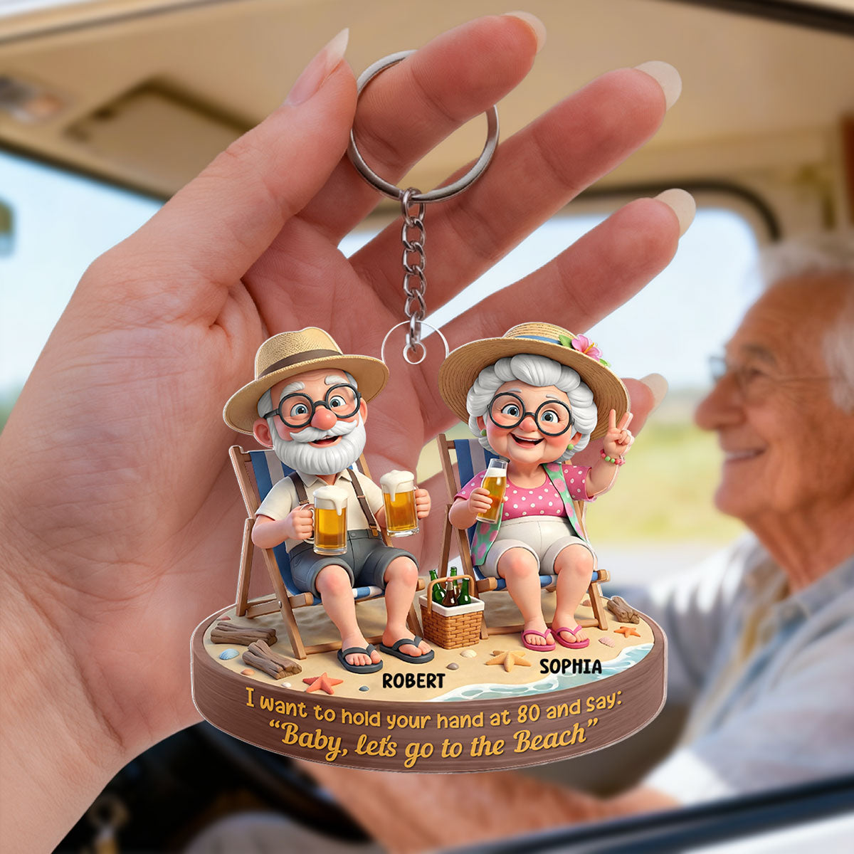 3D Effect Old Couple Baby Let's Go to the Beach - Personalized Acrylic Keychain - Sentimental Gift for him, for her