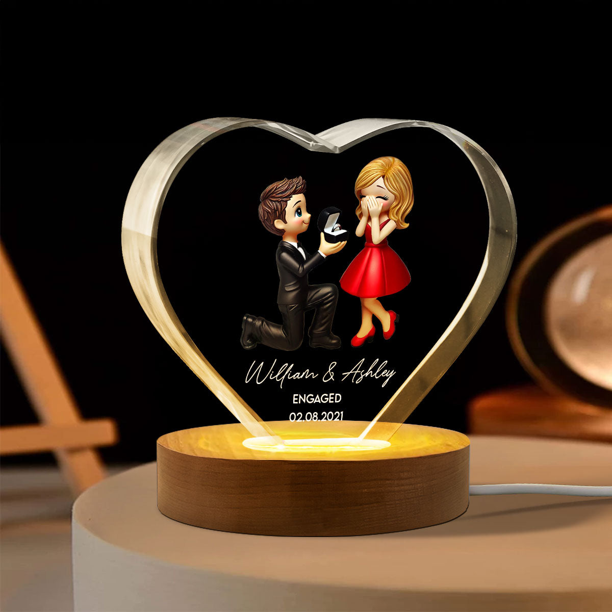 Marriage Proposal 3D Effect Personalized Crystal Heart LED, Engagement Gift for her, Free Delivery