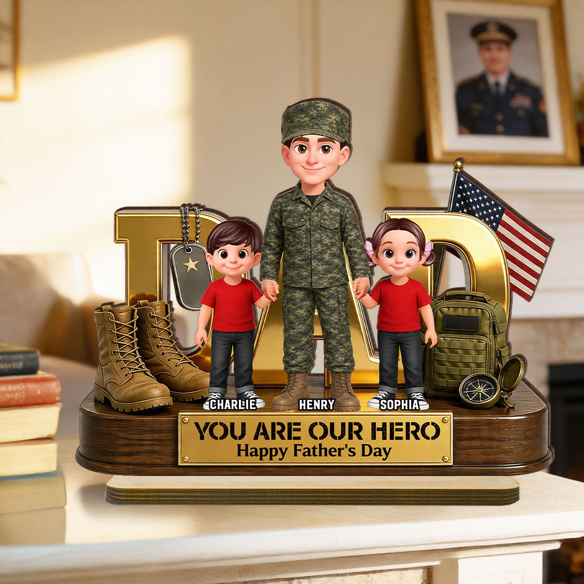 Proud American Millitary Dad - Personalized 2-Layered Wooden Plaque - Gift For Dad, Husband