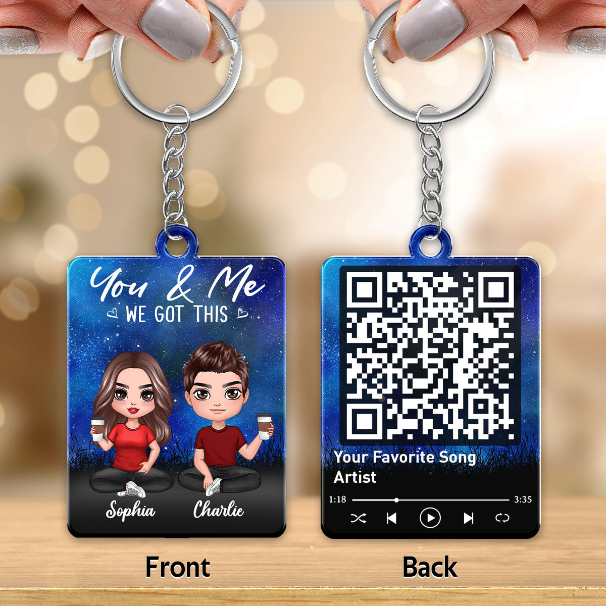 Doll Couple Sitting Under Starry Night Favorite Song QR Code Personalized Acrylic Keychain