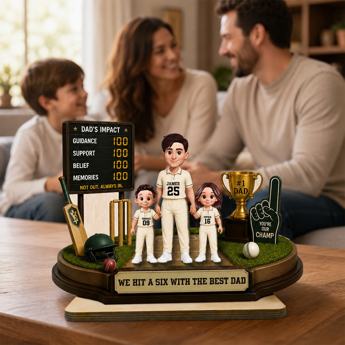 Hit A Six With The Best Dad Cricket Dad & Kids - Personalised 2-Layered Wooden Plaque - Gift For Husband, Dad