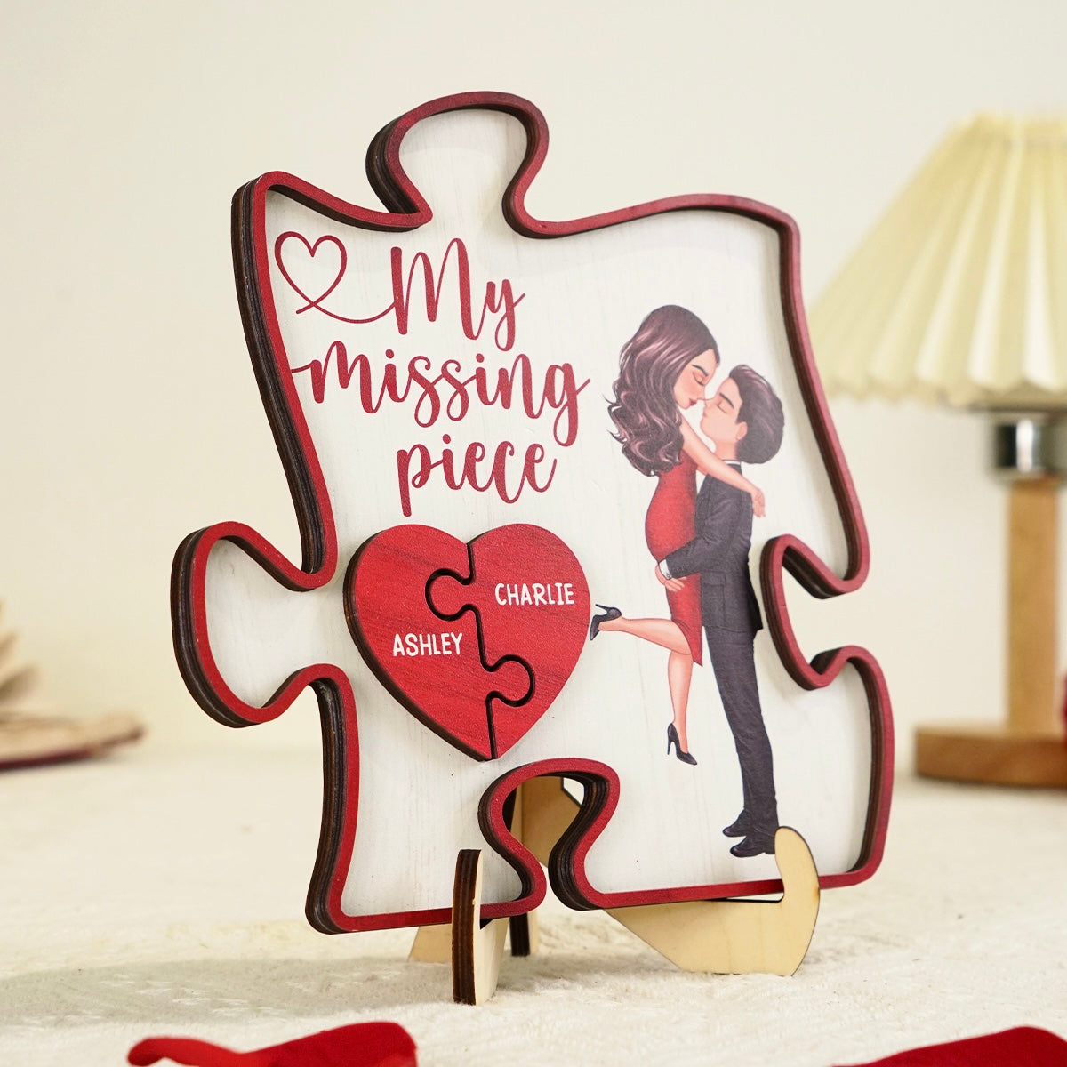 My Missing Piece Couple Hugging Kissing Red Puzzle Shaped Personalized 2-Layer Wooden Plaque, Anniversary Gift, Gift