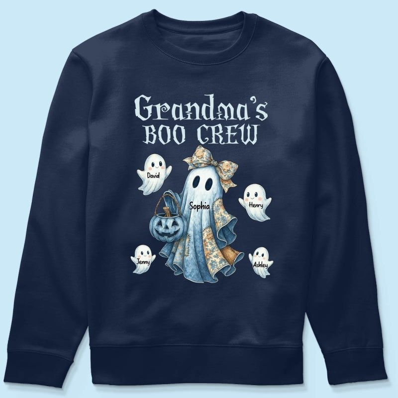 Grandma's Boo Crew Retro Halloween Blue Denim Ghost Personalized Sweatshirt, Spooky Sweatshirt for Grandma, Mom