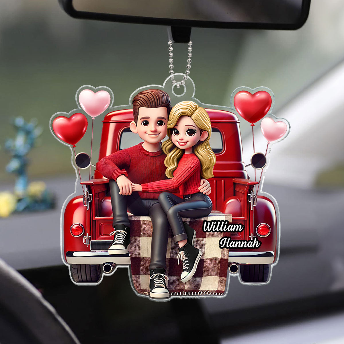 3D Effect Couple Sitting On Red Truck Personalized Acrylic Car Hanger, Gift, Anniversary Gift For Couples