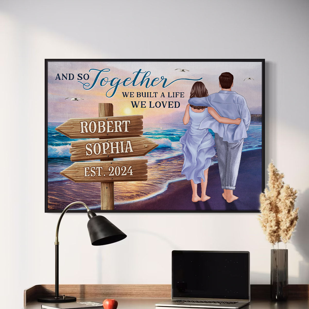 Couple Embracing And Walking On The Beach Personalized Poster, Heartfelt 2025 Gift For Couple, For Him, For Her, Boyfriend, Girlfriend, Husband, Wife