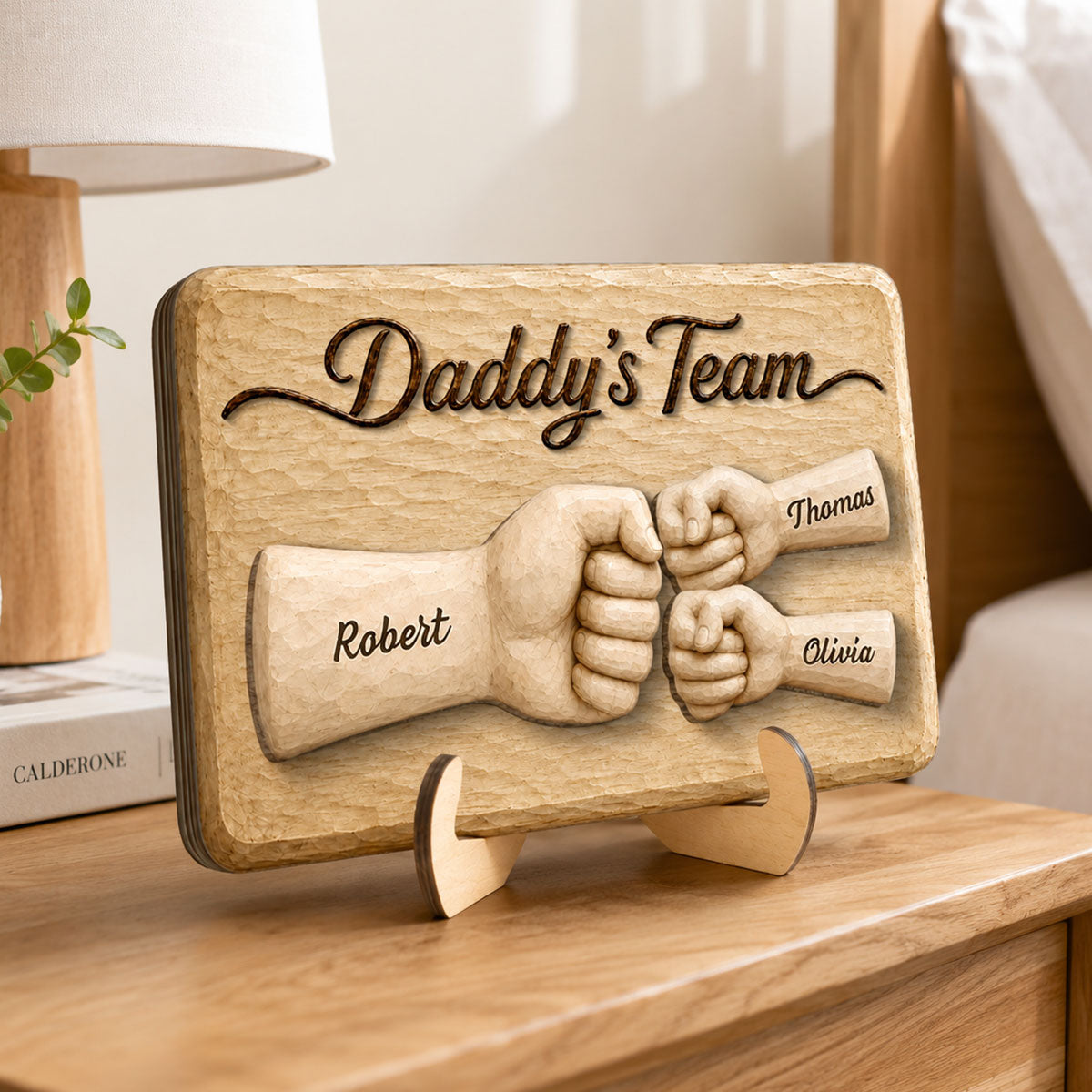 Sentimental Rustic Daddy's Team Fist Bump - Personalized 2-Layered Wooden Plaque - Gift For Dad, Husband