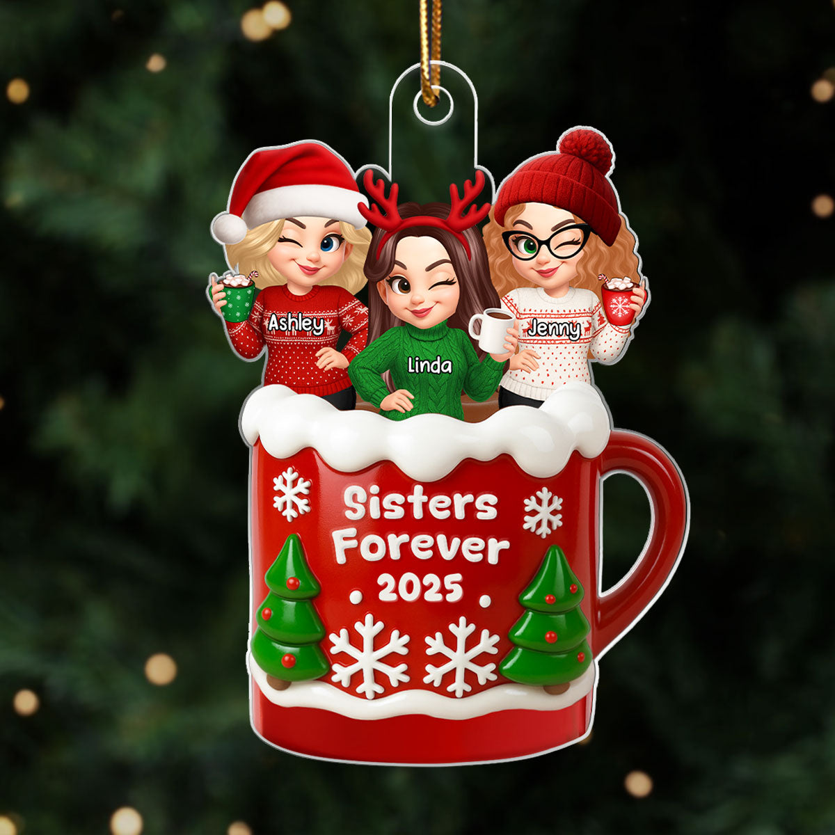 Christmas Besties Sisters In Hot Cocoa 3D Effect Personalized Acrylic Ornament