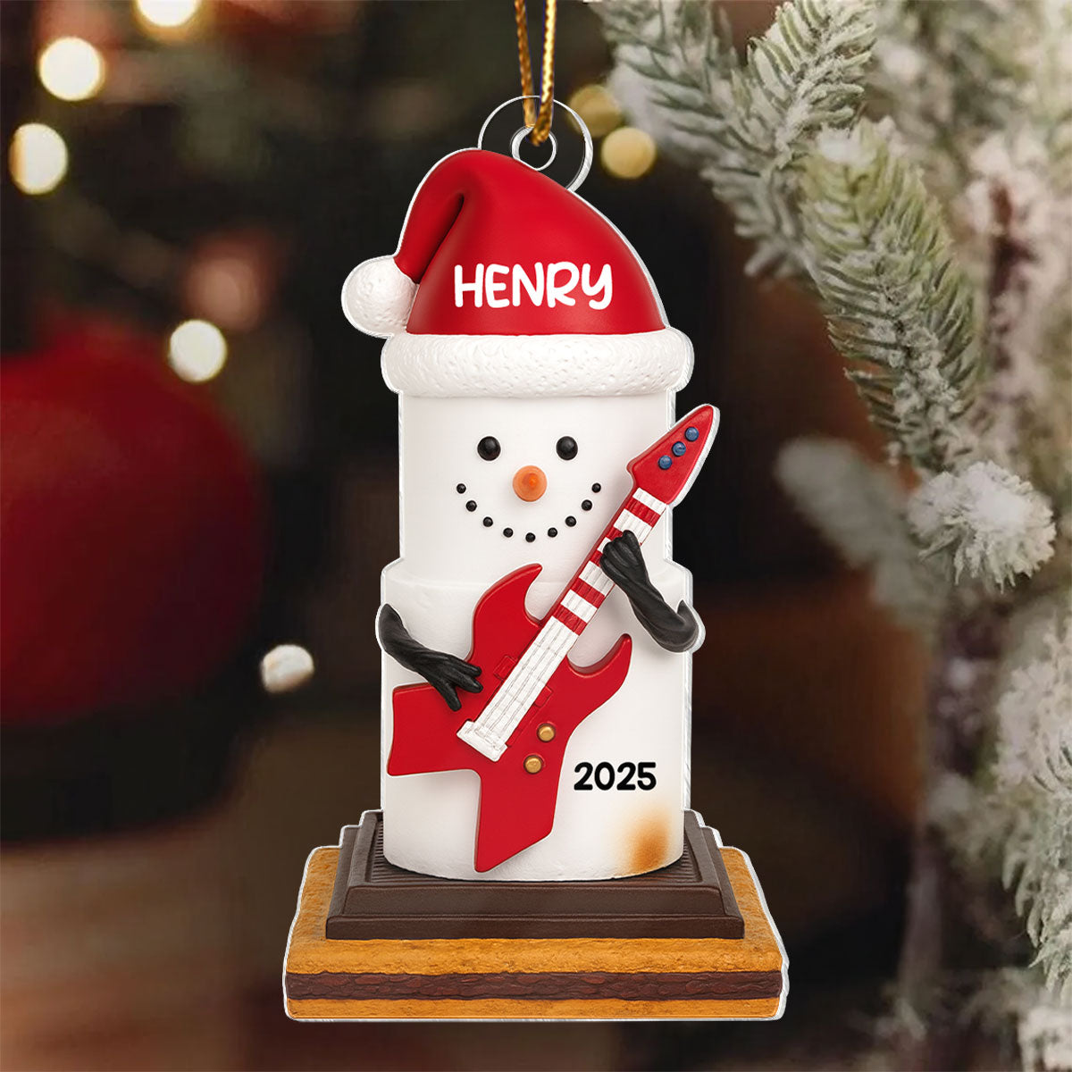 Snow Man Playing Guitar On Chocolate and Cracker - Personalized Acrylic Ornament- Gift for Guitar Lovers