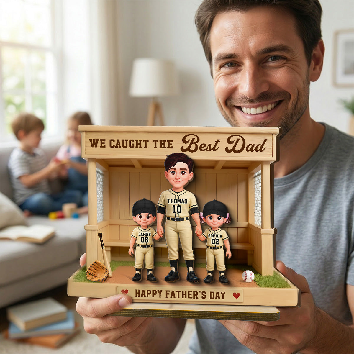 We Caught The Best Dad Baseball Dugout - Personalized 2-Layered Wooden Plaque - Gift For Baseball Dad