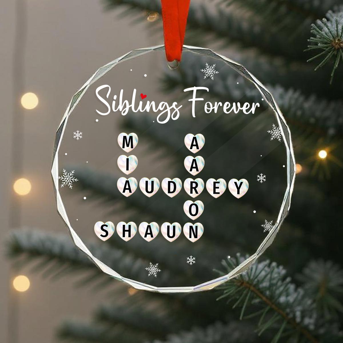 Siblings Forever Unique Gift For Brothers Sister Heart Crossword Puzzle Art Personalized Glass Ornament, Christmas Keepsake