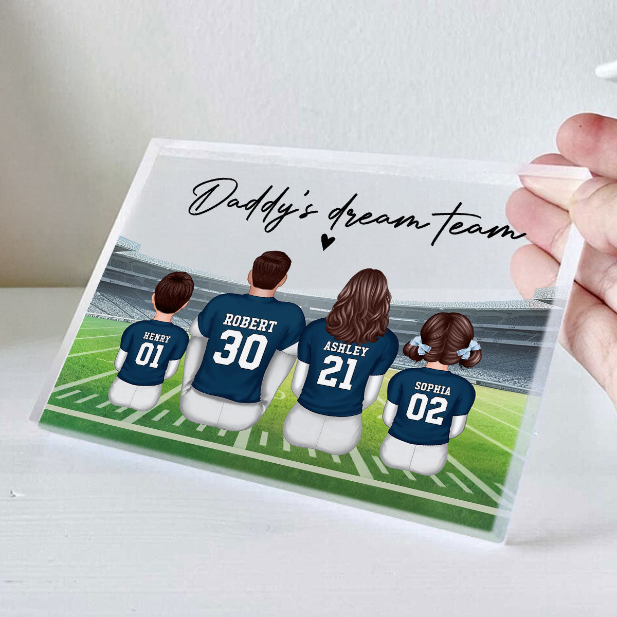Daddy's Team Football Family Sitting Back View Personalized Acrylic Block, Gift