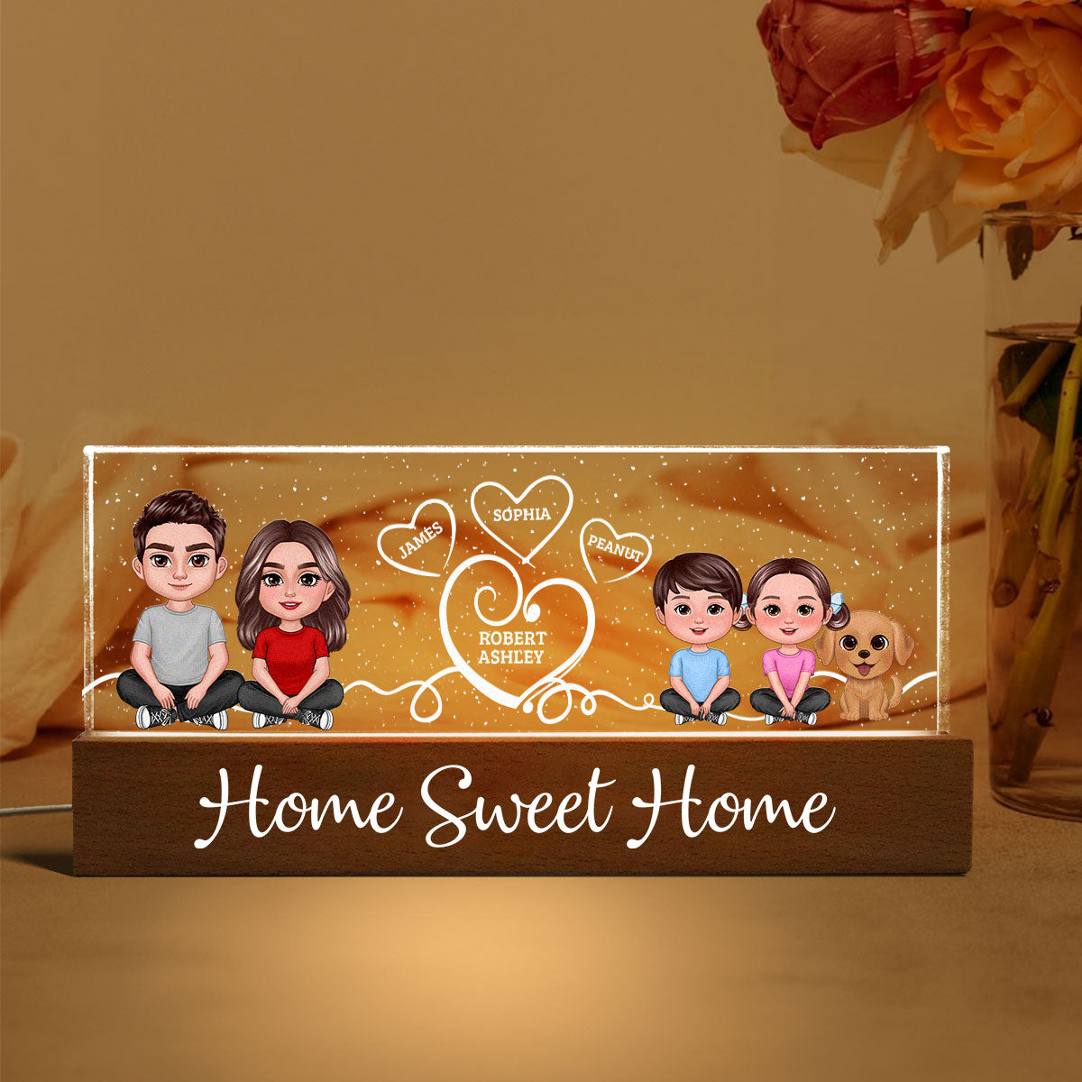 Home Sweet Home Cute Family Sitting Crossed Legs Personalized Acrylic Block LED Night Light, Gift For Her, Gift For Him