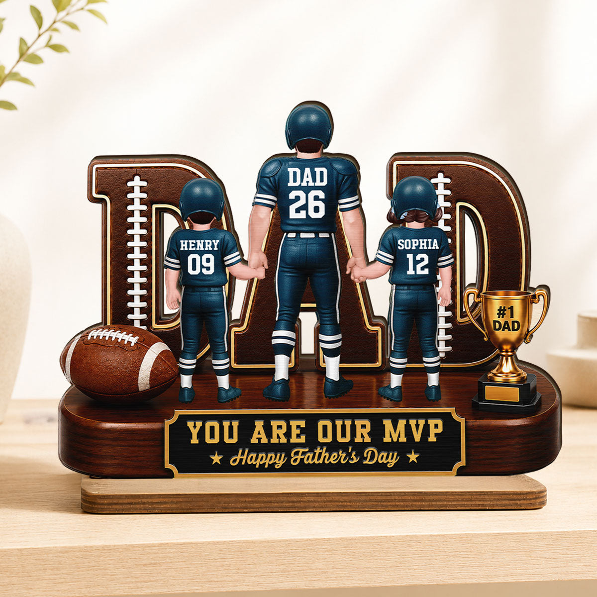 American Football No 1 Dad Legend Daddy's Dream Team - Personalized 2-Layered Wooden Plaque - Gift For Dad
