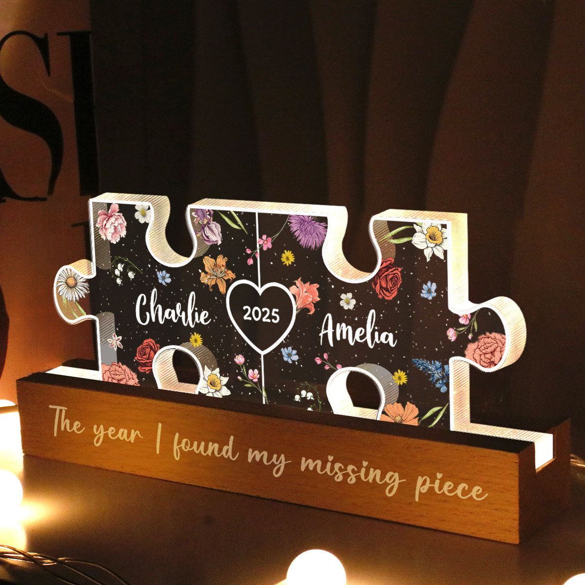 You Are My Missing Piece Couple Initials Floral Theme Personalized Acrylic LED Night Light, Heartfelt 2025 Gift, Anniversary Gift For Her, For Girlfriend, For Wife