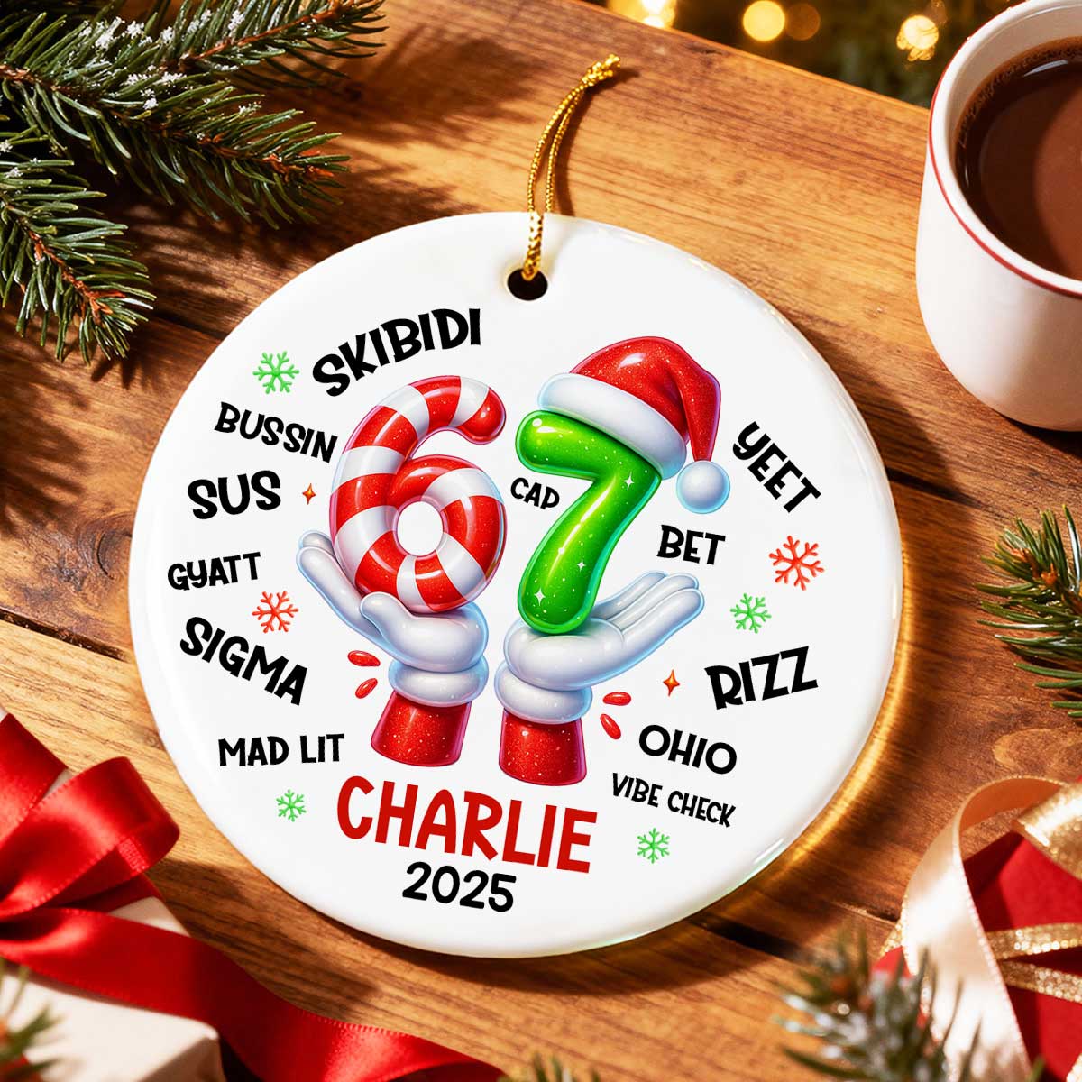 Funny Kids Six Seven Christmas - Personalized Ceramic Ornament - 2025 Slang Christmas, Funny Teen Grandkid Ornament, Gen Alpha Christmas Gift - 67 Gift