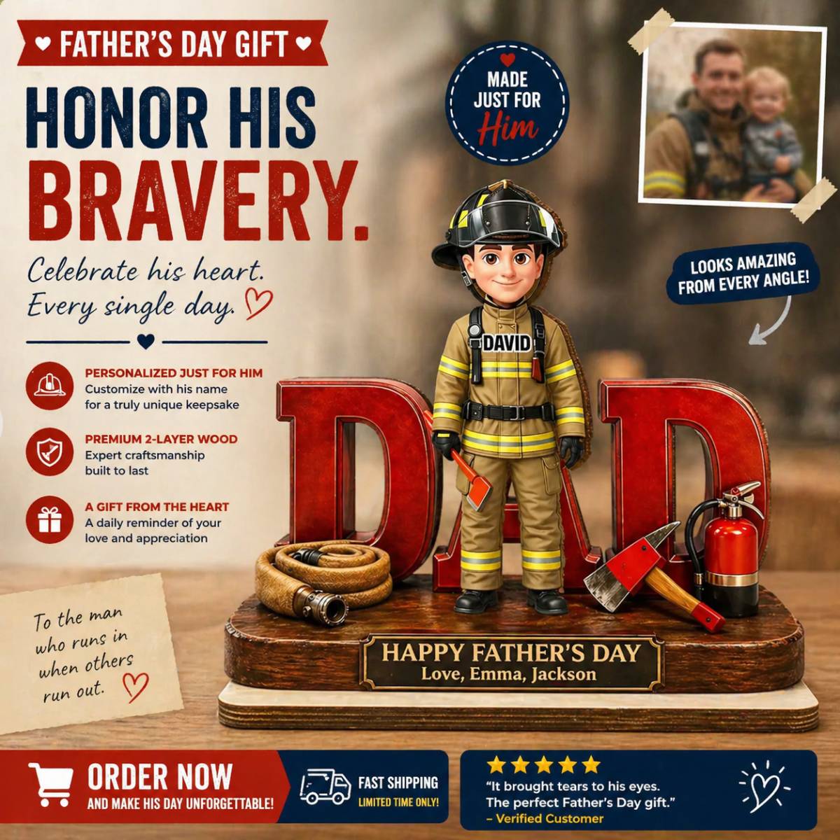 Proud American Firefighter Dad - Personalized 2-Layered Wooden Plaque - Gift For Dad