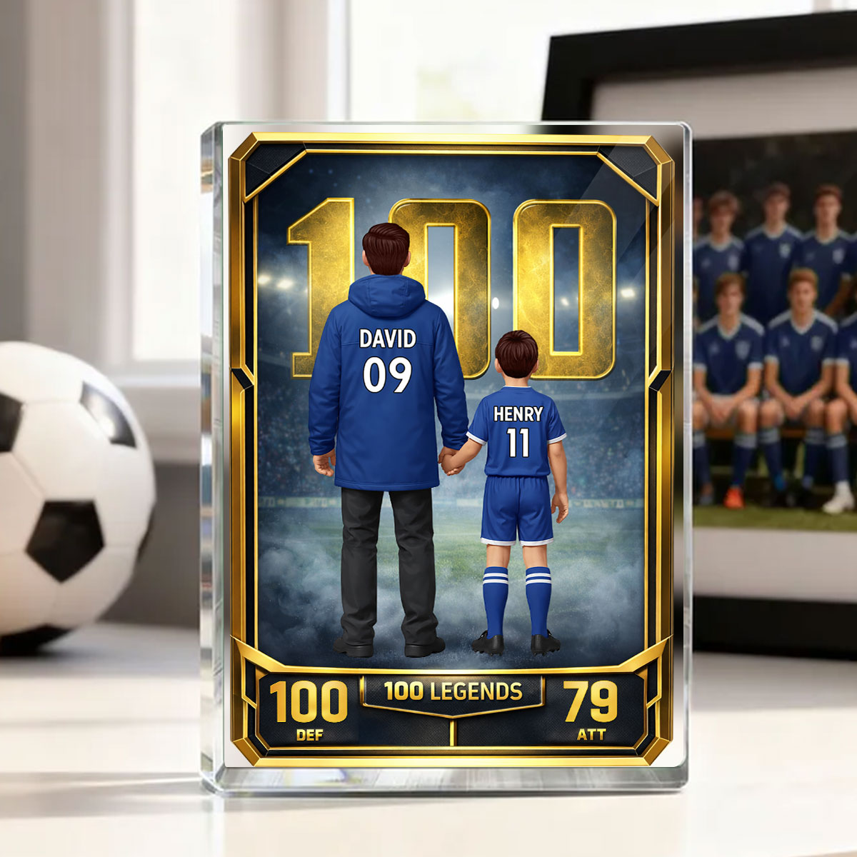 Father And Kids 100 Legends Trading Card - Personalised Acrylic Block Plaque - UK Gift For Football Dad