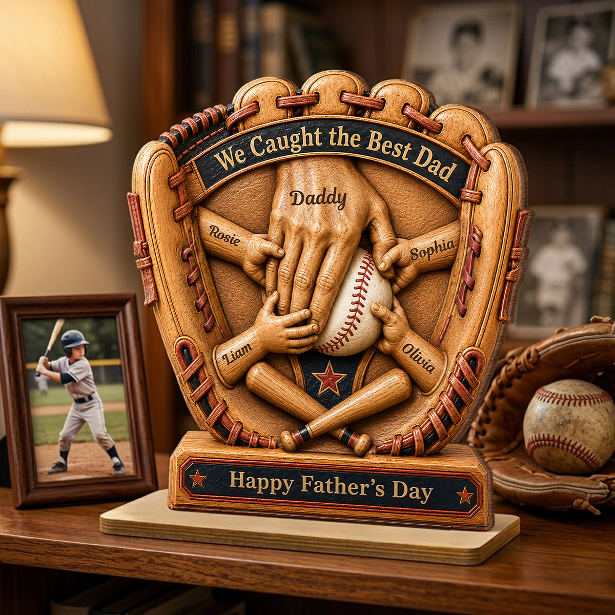 Baseball Glove Dad & Kids' Hands - Personalized 2-Layered Wooden Plaque - Gift For Dad, Husband