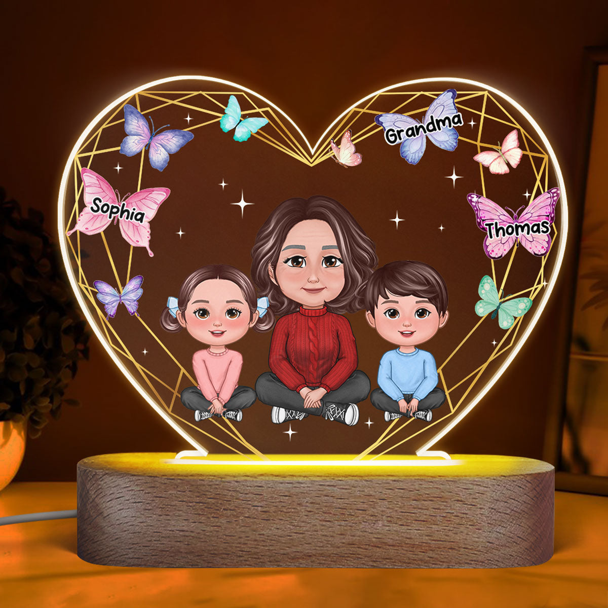 Grandma Grandkids Crossed Legs Butterfly Hearts Personalized Heart Acrylic LED Night Light