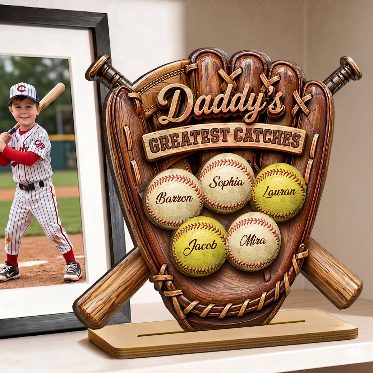 Daddy's Greatest Catches Baseball Softball - Personalized 2-Layered Wooden Plaque - Gift for Husband, Dad