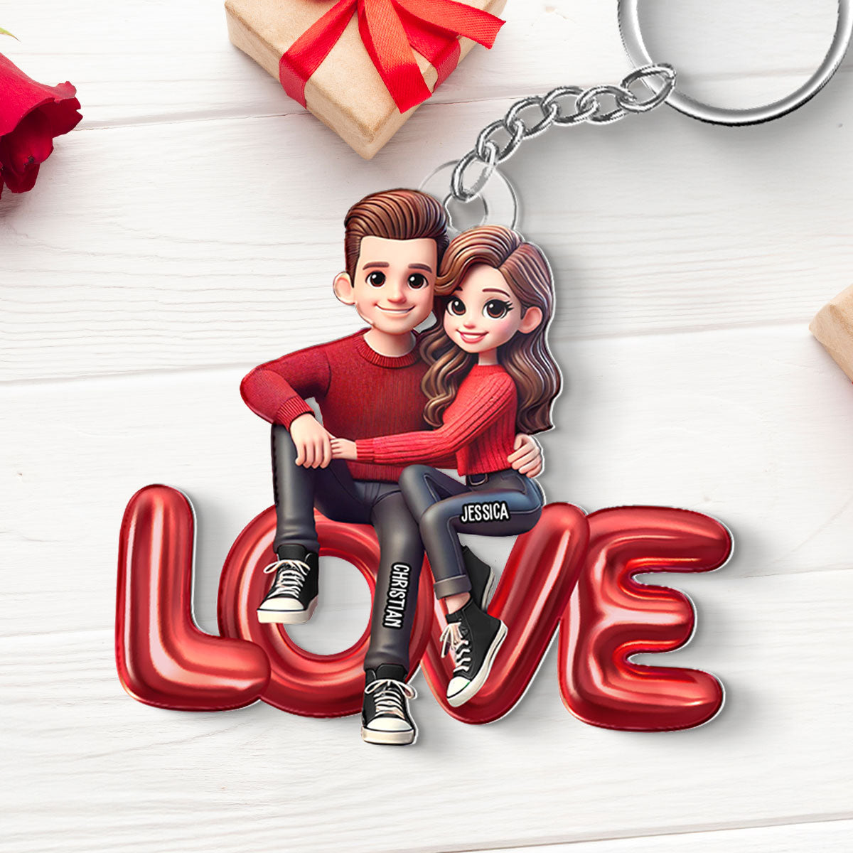 3D Effect Couple Sitting On LOVE Personalized Acrylic Keychain, gift, Anniversary Gift for Couples