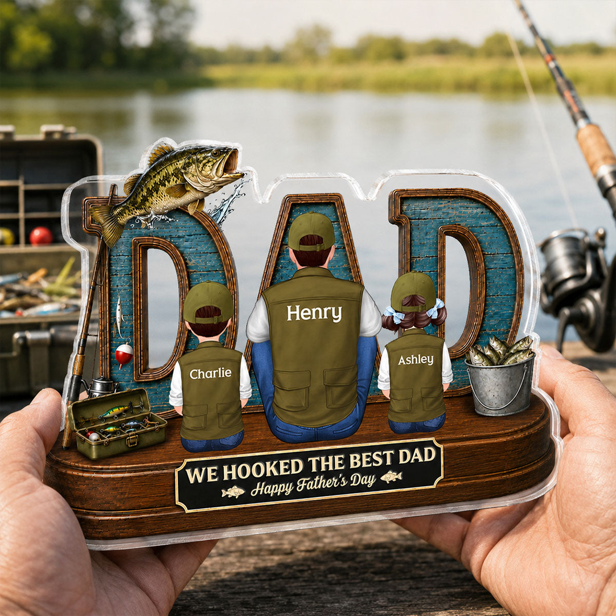 Fishing Dad And Kids We Hooked The Best Dad - Personalized Acrylic Block Plaque - Gift For Dad, Husband