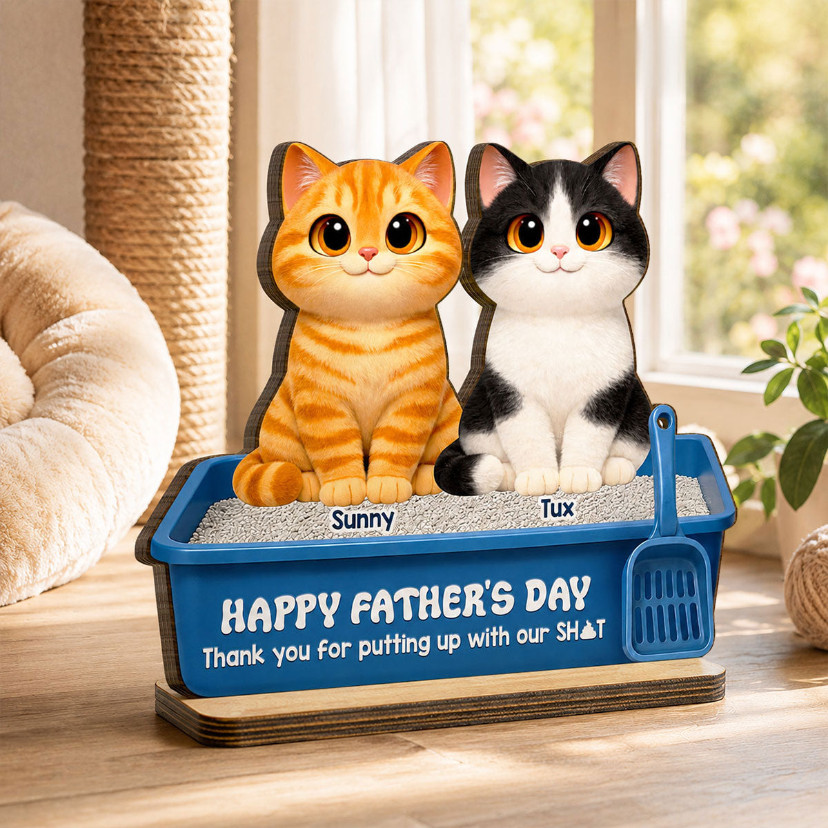 Cute Fluffy Cats Happy Thanks For Feeding And Scooping Poo 2D Flat - Personalized 2-Layered Wooden Plaque - Funny Gift For Cat Dad, Cat Lovers