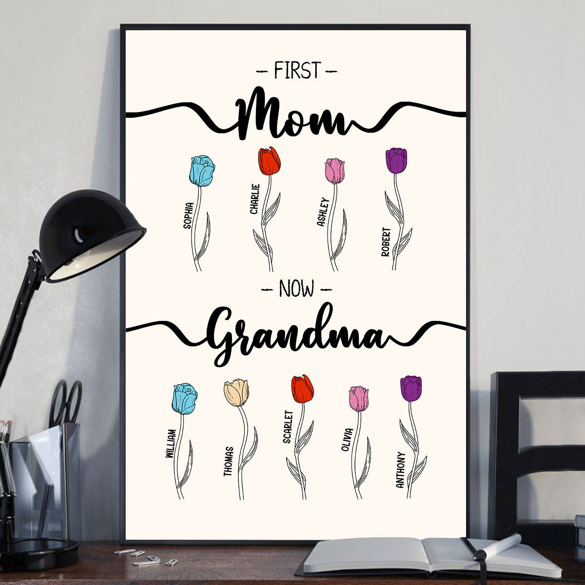 First Mom Now Grandma Tulip Flowers Personalized Vertical Poster