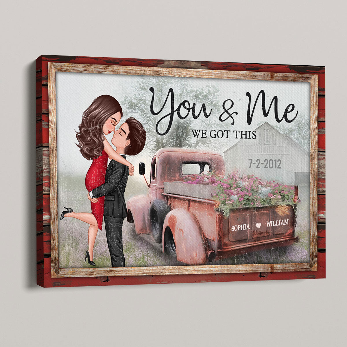 Red Vintage Truck Farmhouse Couple Hugging Kissing Personalized Canvas Print, Anniversary Gift For Him, For Her