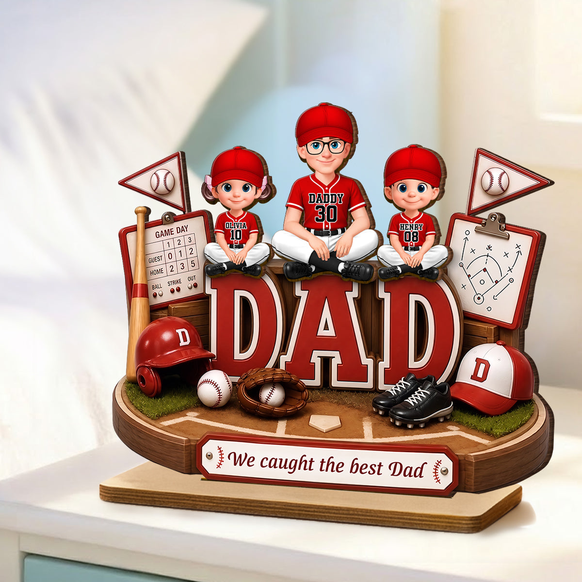 Baseball Dad Kids We Caught The Best Dad - Personalized 2-Layered Wooden Plaque - Gift For Dad, Husband