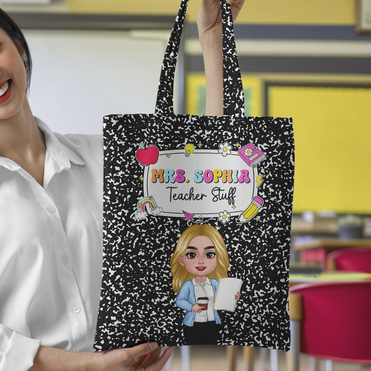Teacher Composition Book Pattern Personalized Tote Bag, Back To School Gift For Teacher