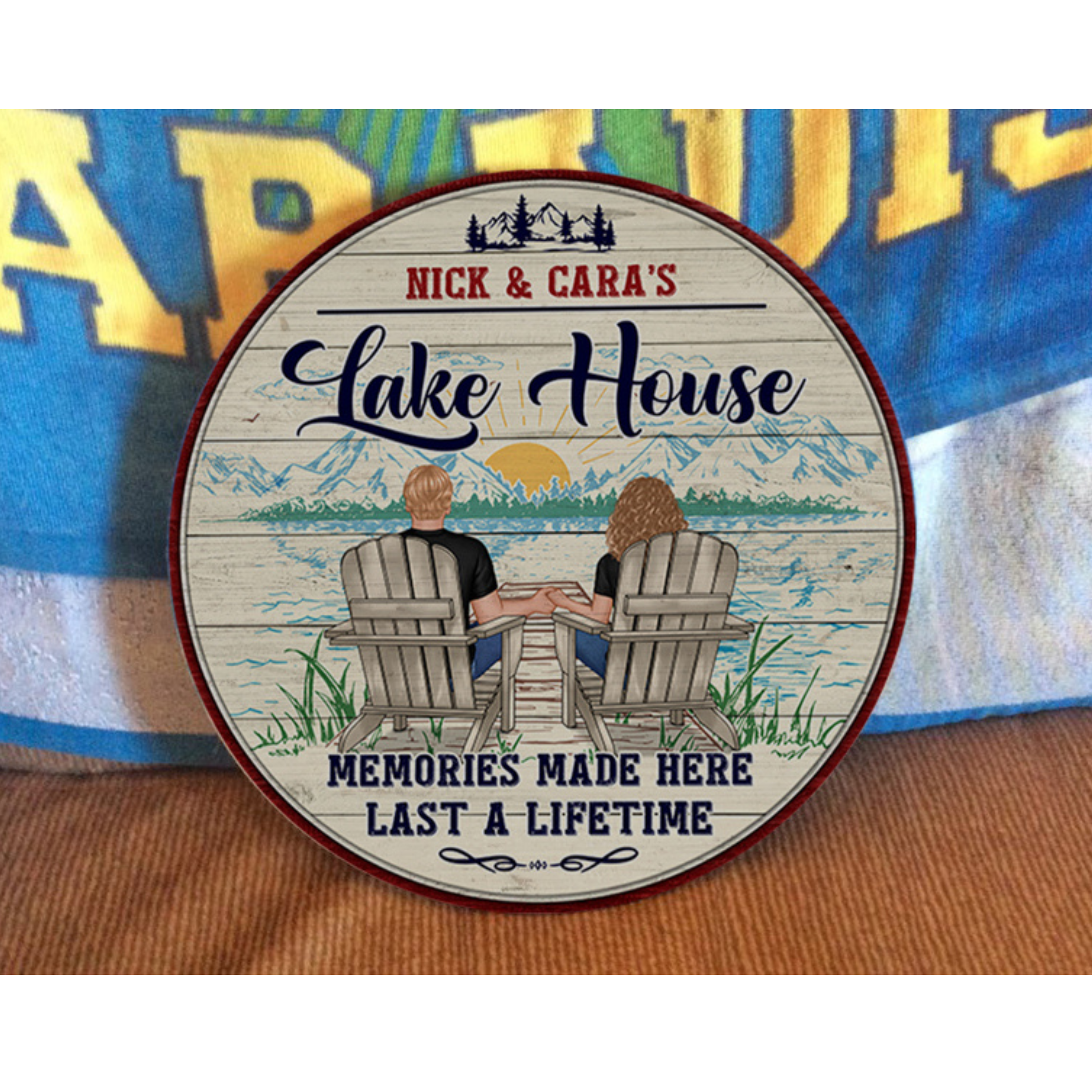 Memories Made Lake House Couple Sitting Personalized Wood Sign