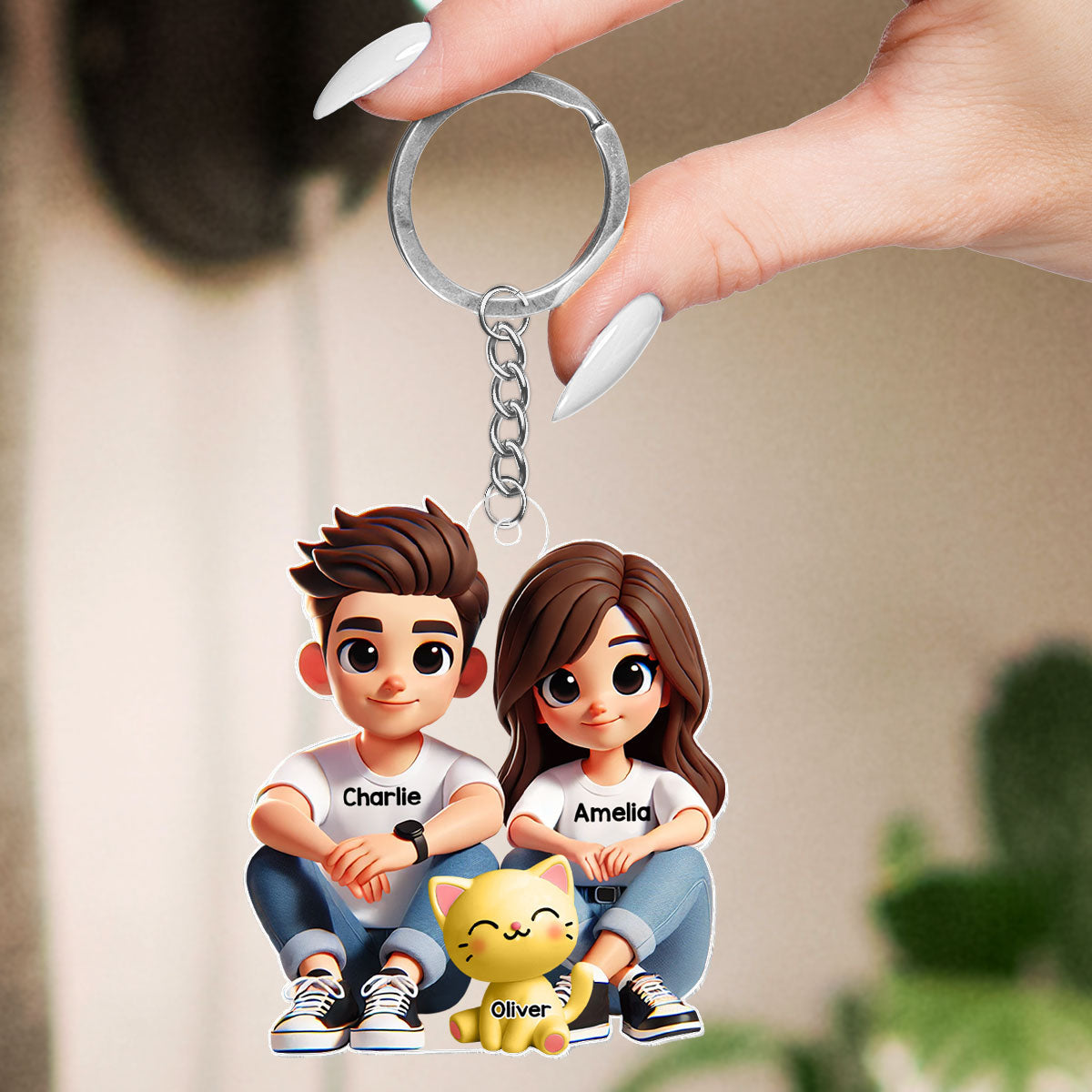 3D Effect Cute Couple And Dogs Cats Sitting Personalized Acrylic Keychain, Anniversary Gift, gift