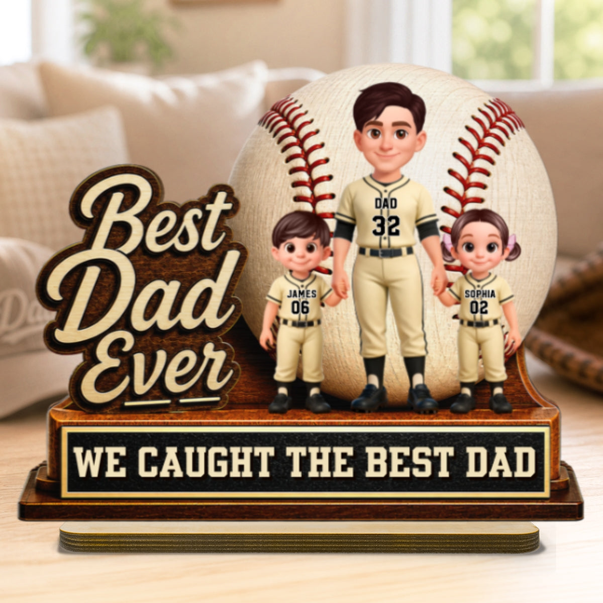 We Caught The Best Dad Dad & Kids - Personalized 2-Layered Wooden Plaque - Happy For Baseball Softball Dad