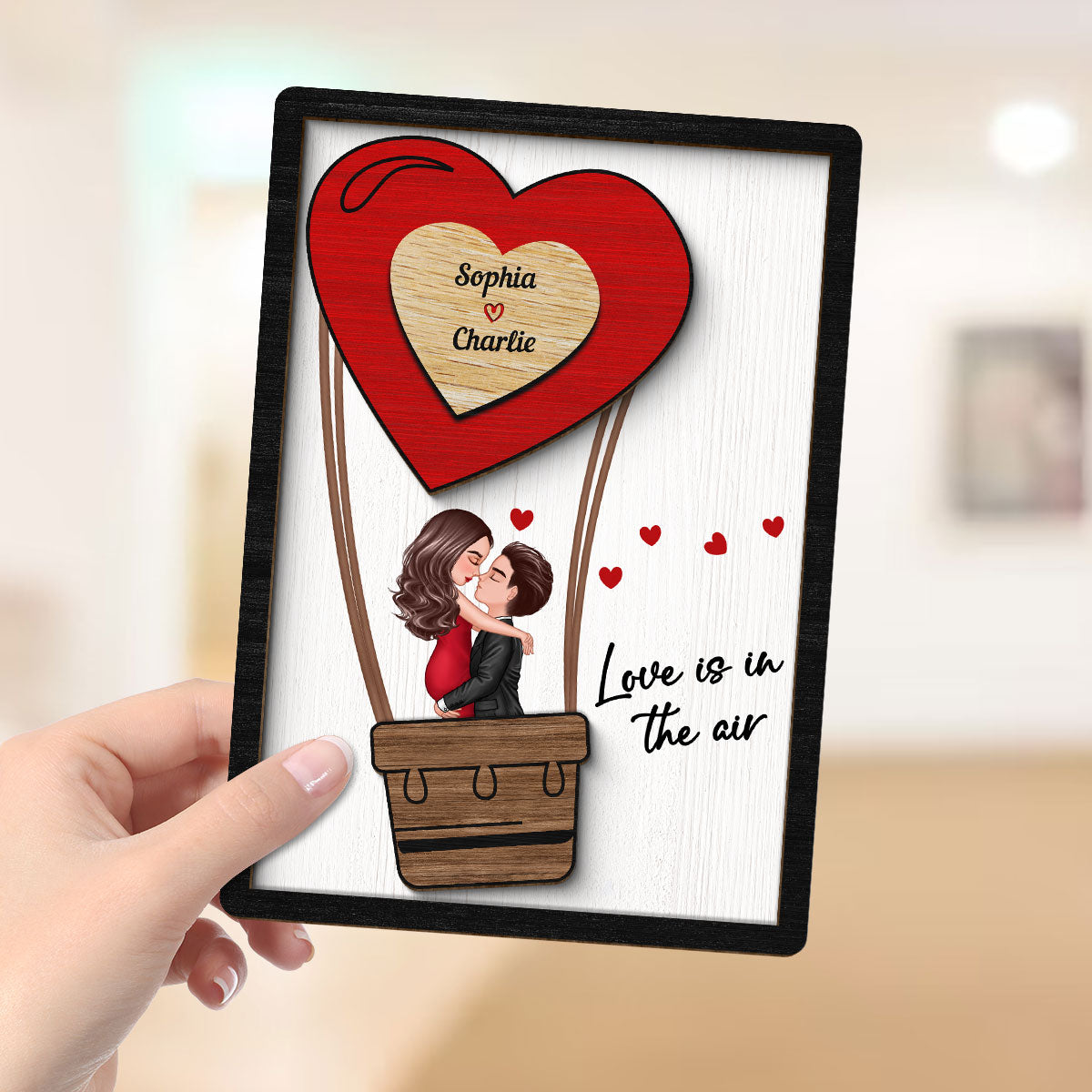 Couple Kissing On Air Balloon Gift Personalized 2-layer Wooden Plaque