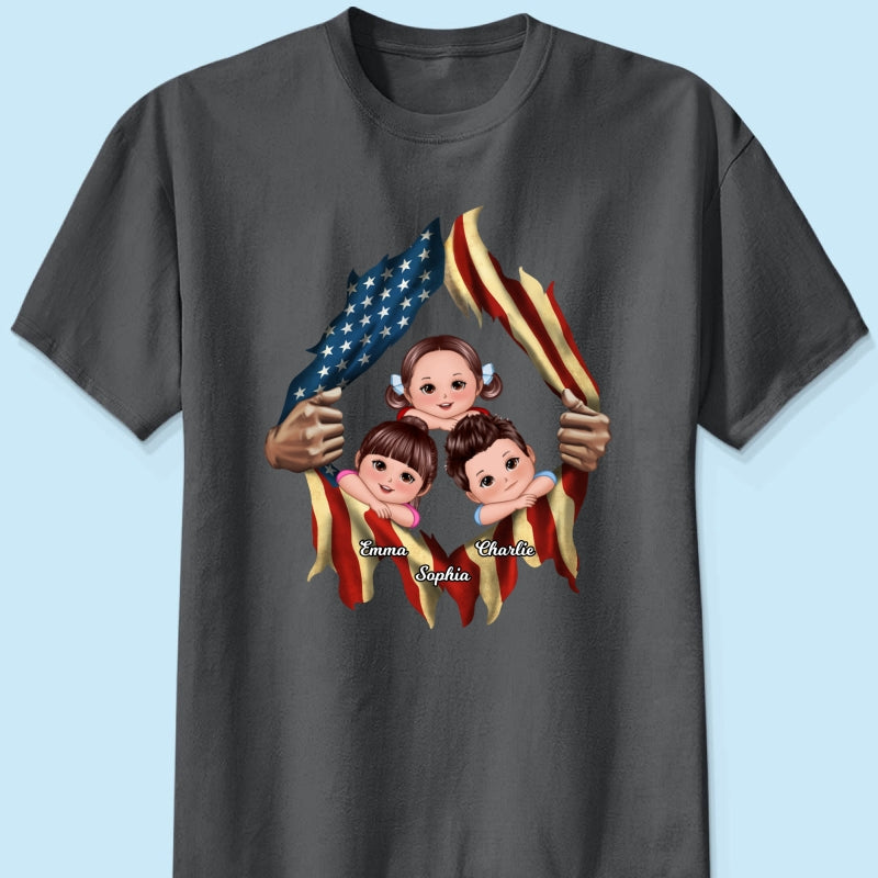 Dad Grandpa Cute Kids Hands Ripping Open Nation Flag Personalized Shirt