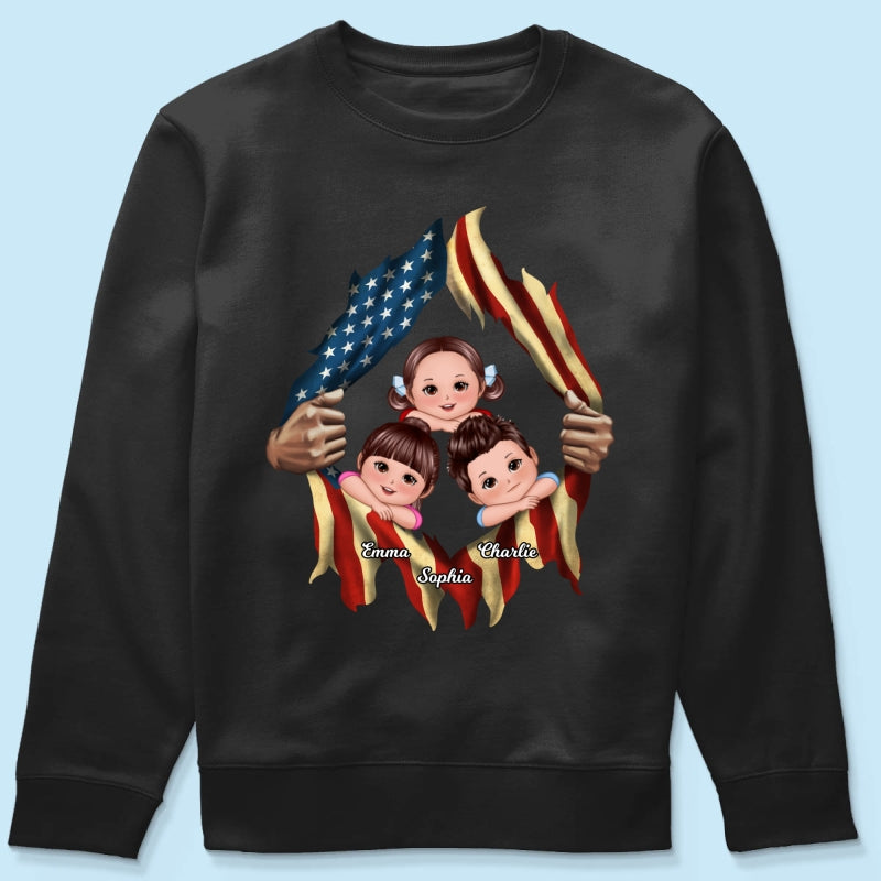 Dad Grandpa Cute Kids Hands Ripping Open Nation Flag Personalized Shirt