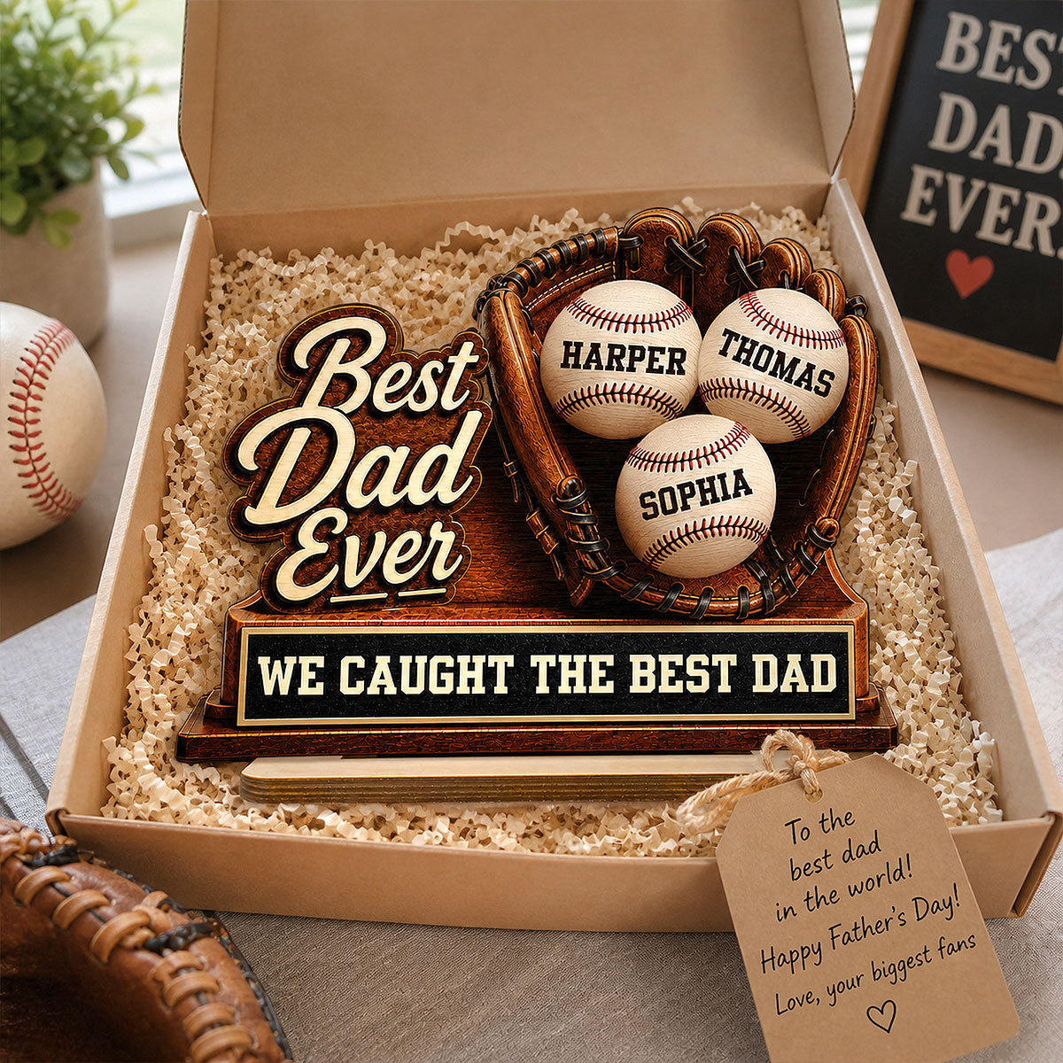 We Caught The Best Dad Baseball Glove - Personalized 2-Layered Wooden Plaque - Happy For Baseball Dad