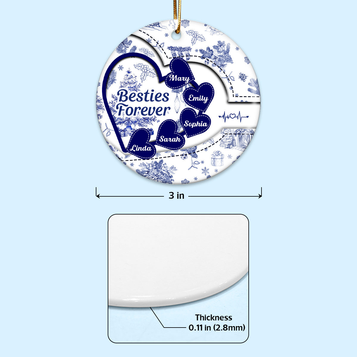 Besties With Hearts Toile De Jouy Style Personalized Circle Ornament